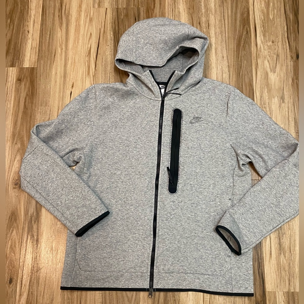 NIKE SPORTSWEAR TECH FLEECE FULL ZIP TEXTURED LOGO HOODIE GREY MENS SZ LARGE